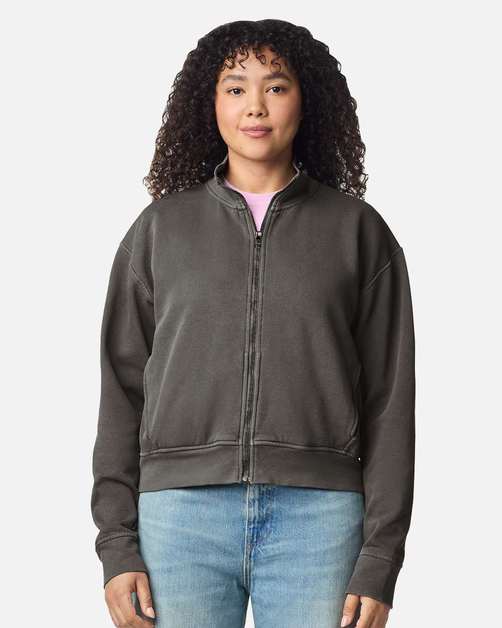 Model wearing a Pepper Comfort Colors 1570L women's full-zip jacket