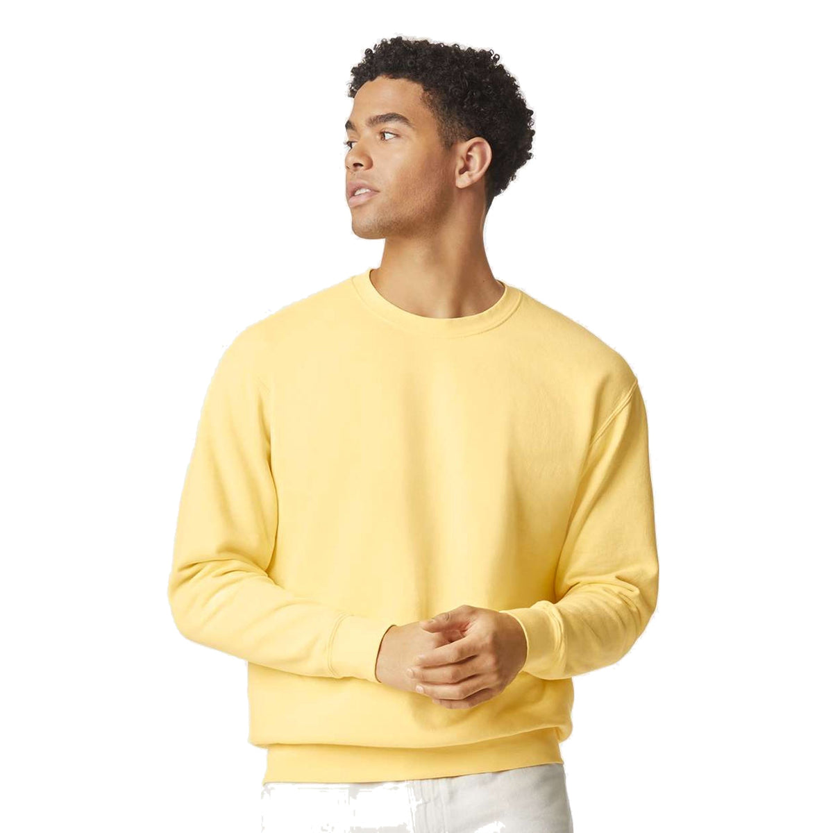 Model wearing Comfort Colors 1466 Lightweight Crewneck Sweatshirt in Butter - custom printing Tarpon Springs FL
