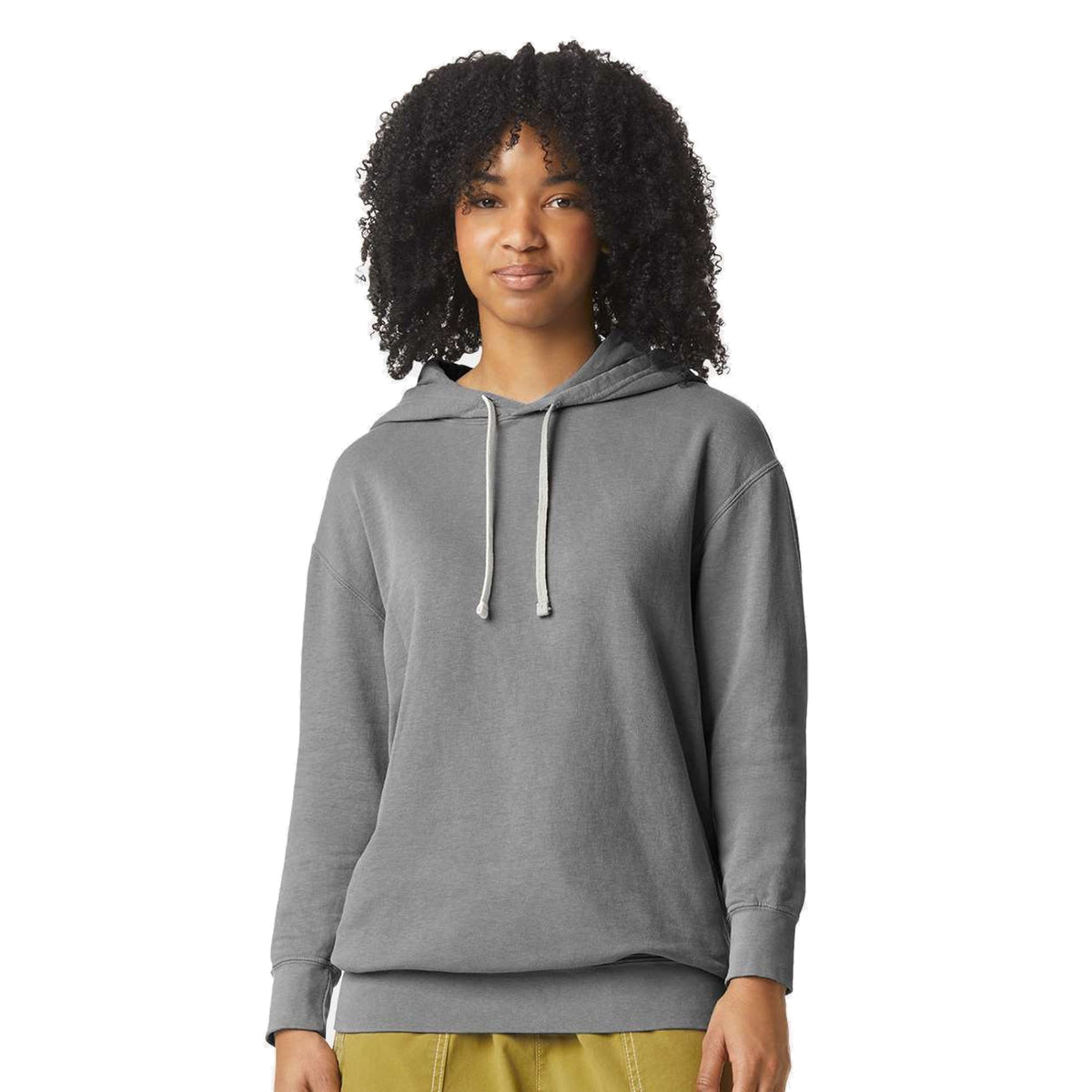 Model wearing Comfort Colors 1467 Lightweight Hooded Sweatshirt in Grey - custom printing Tarpon Springs FL
