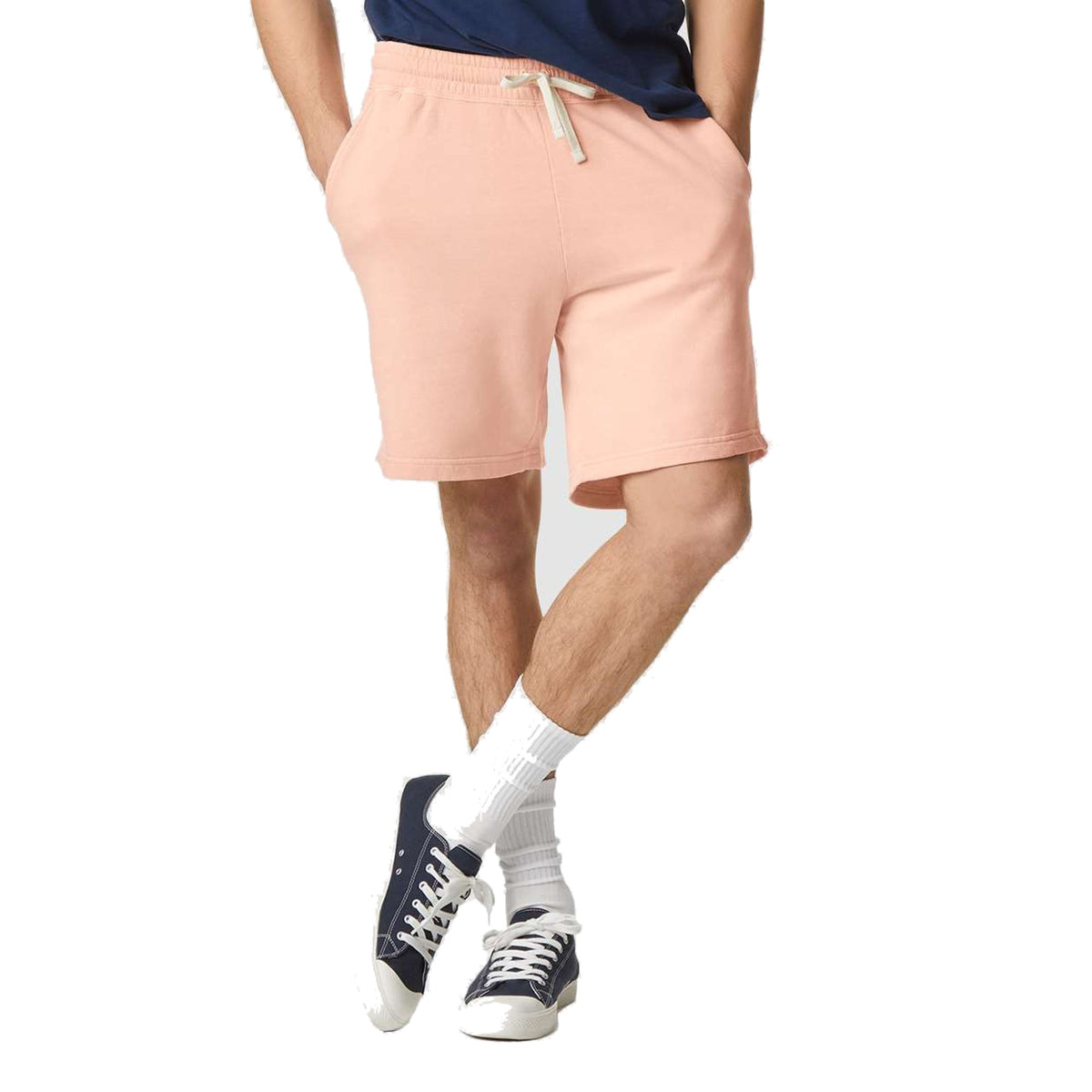Model wearing Comfort Colors 1468 Lightweight Sweat Shorts in Peachy - custom printing Tarpon Springs FL