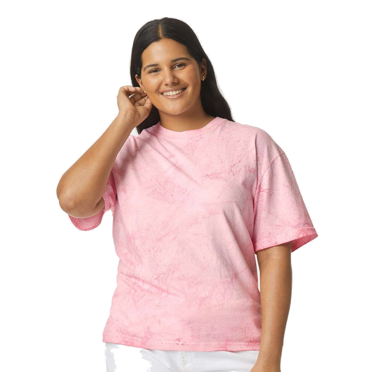 Model wearing Comfort Colors 1745 Colorblast Heavyweight T-Shirt in Hibiscus - custom printing Tarpon Springs FL