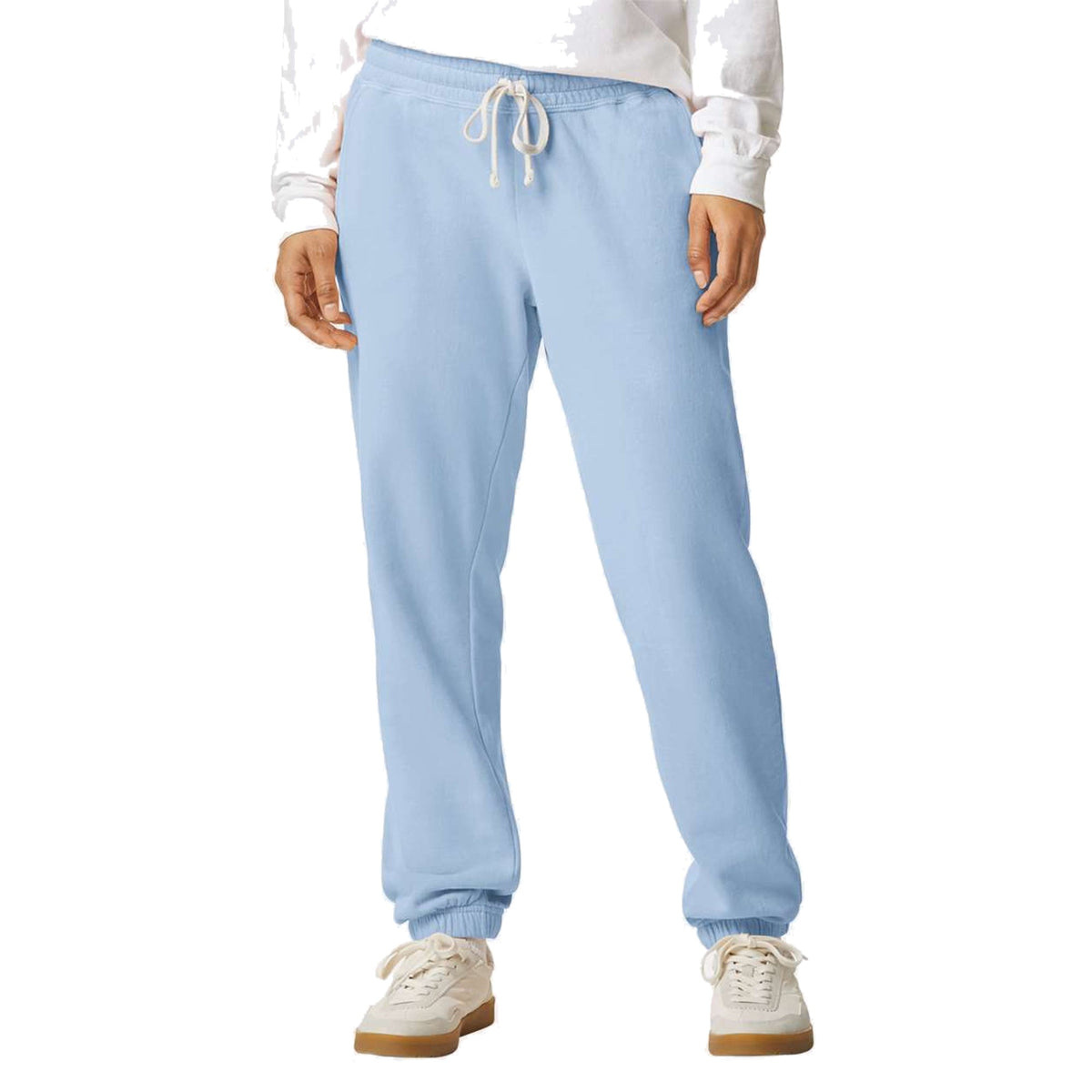 Model wearing Comfort Colors 1469 Lightweight Sweatpants in Hydrangea - custom printing Tarpon Springs FL