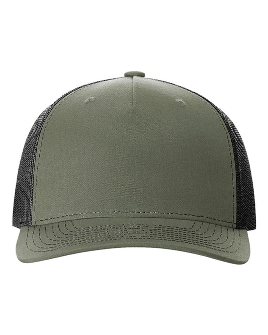 Loden green and black Richardson 112FP five-panel trucker hat
