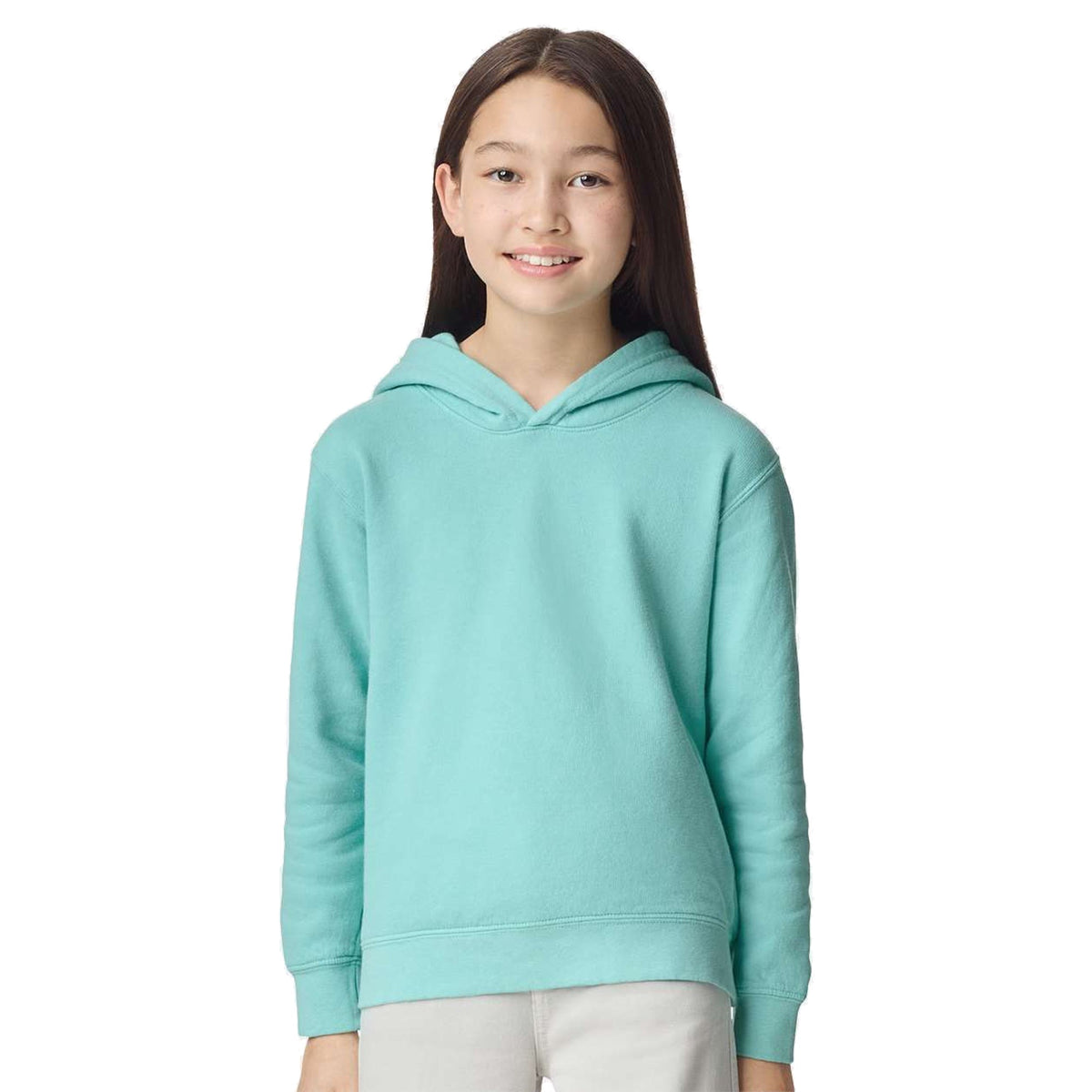 Model wearing Comfort Colors 1467Y Youth Lightweight Hooded Sweatshirt in Chalky Mint - custom printing Tarpon Springs FL