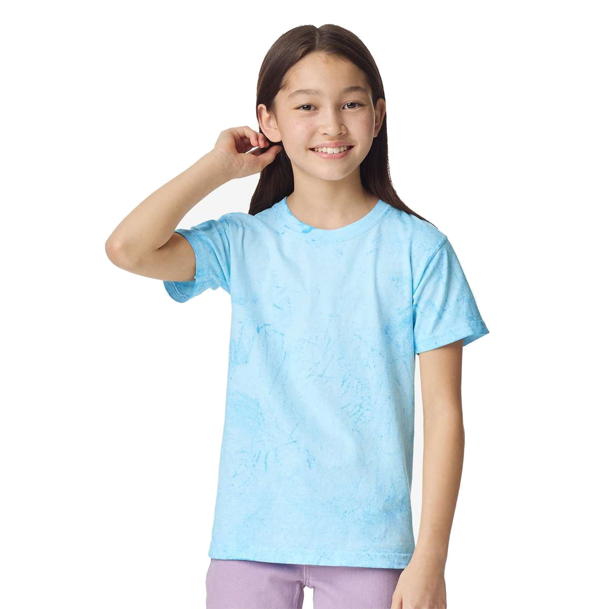 Model wearing Comfort Colors 1745Y Youth Colorblast Heavyweight T-Shirt in Fiji Blue - custom printing Tarpon Springs FL