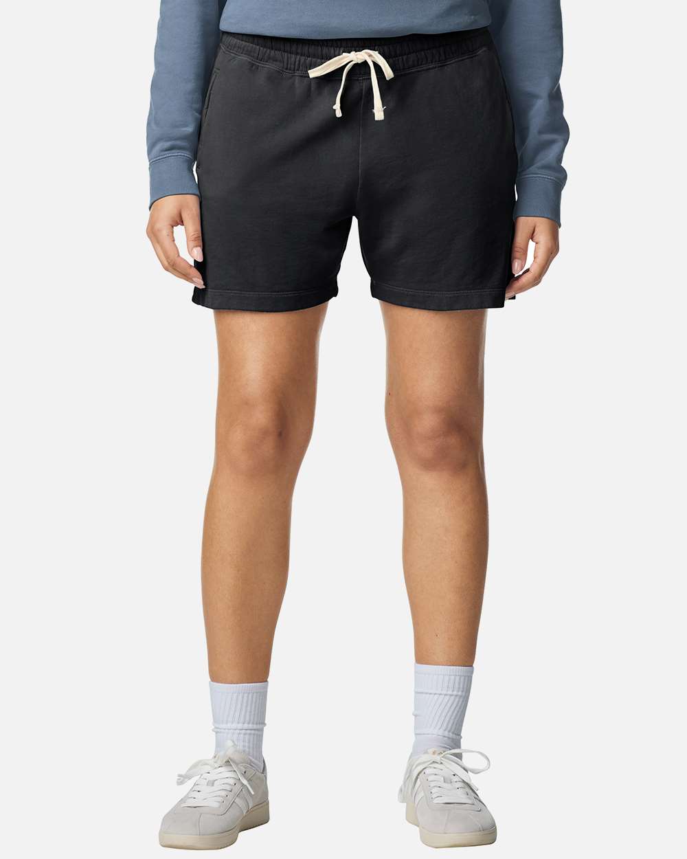Model wearing Black Comfort Colors 1468L women's sweat shorts