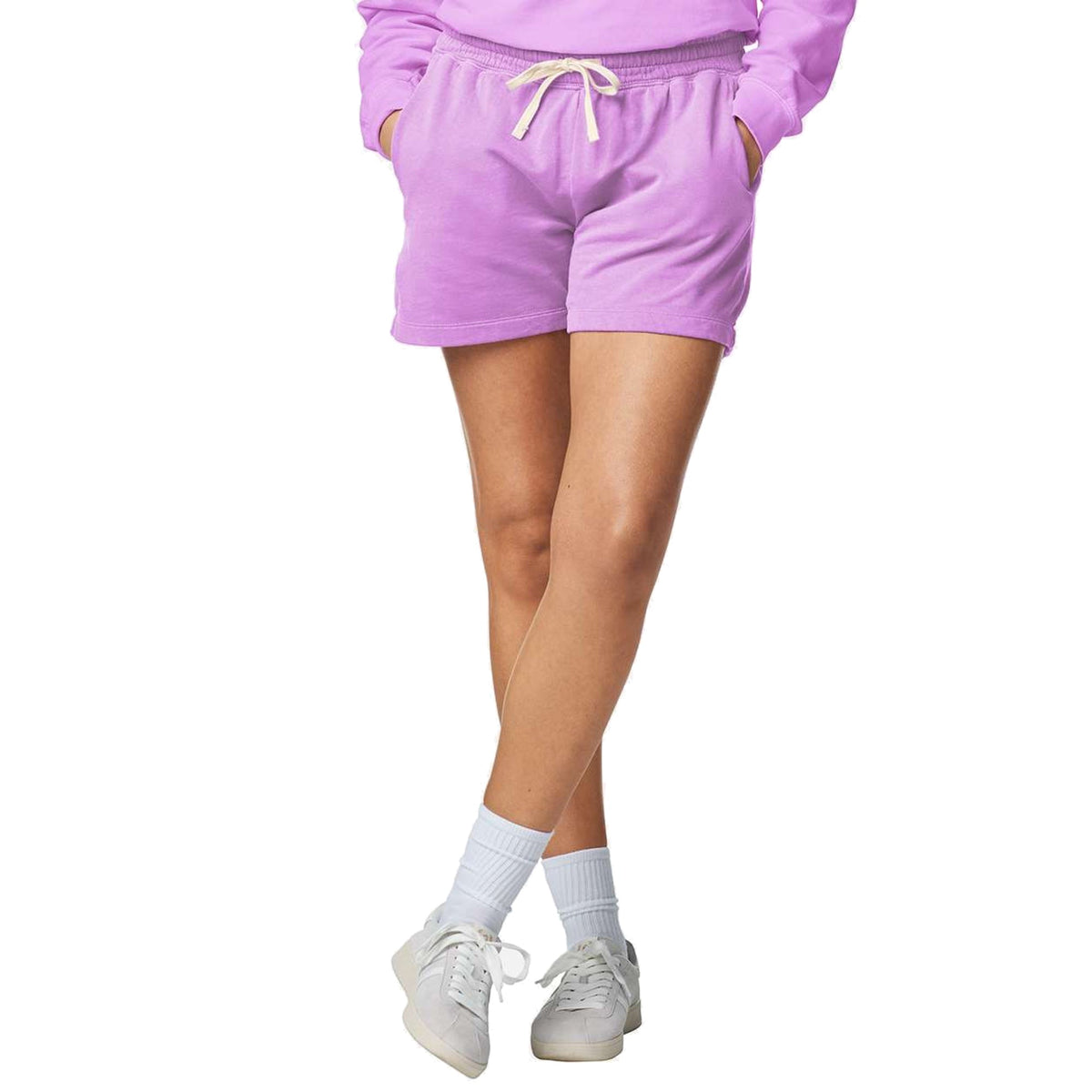 Model wearing Comfort Colors 1468L Women's Lightweight Sweat Shorts in Neon Violet - custom printing Tarpon Springs FL