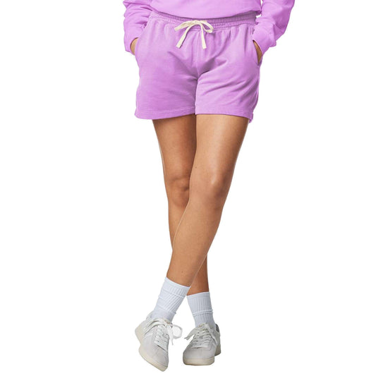 Model wearing Comfort Colors 1468L Women's Lightweight Sweat Shorts in Neon Violet - custom printing Tarpon Springs FL