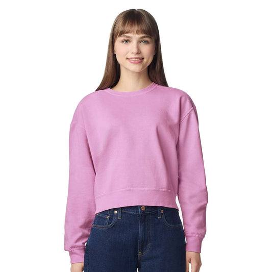 Model wearing Comfort Colors 1566L Women's Mid-Length Crewneck Sweatshirt in Rose Quartz - custom printing Tarpon Springs FL