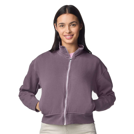 Model wearing Comfort Colors 1570L Women's Full-Zip Jacket in Dusk - custom printing Tarpon Springs FL