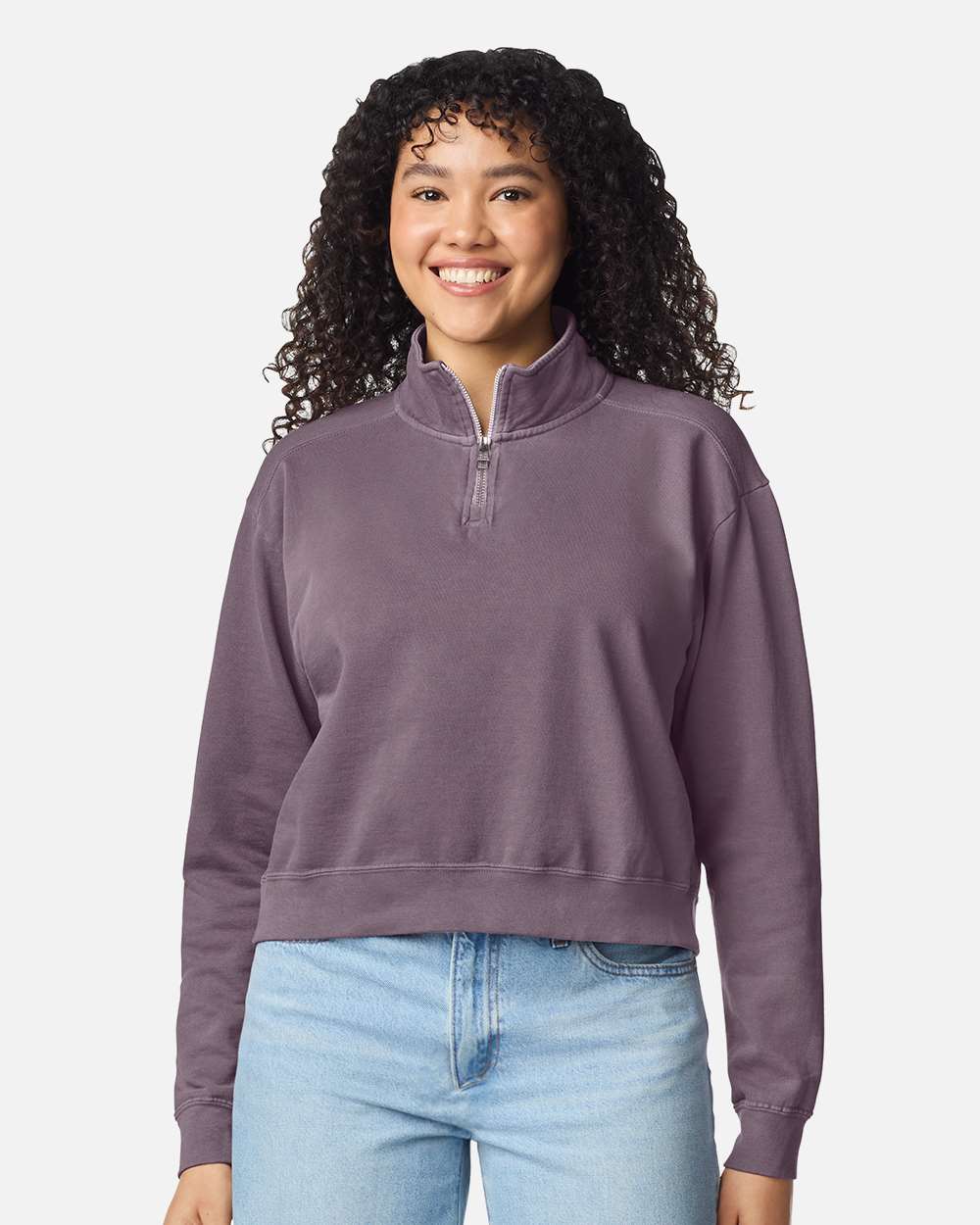 Model wearing a Dusk Comfort Colors 1580L women's quarter-zip sweatshirt