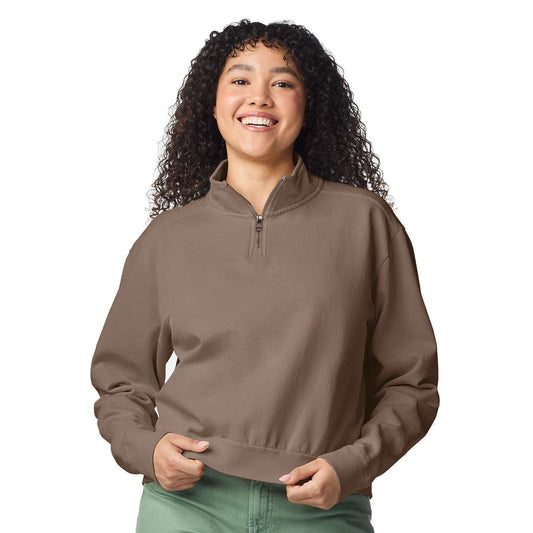 Model wearing Comfort Colors 1580L Women's Mid-Length Quarter-Zip Sweatshirt in Espresso - custom printing Tarpon Springs FL