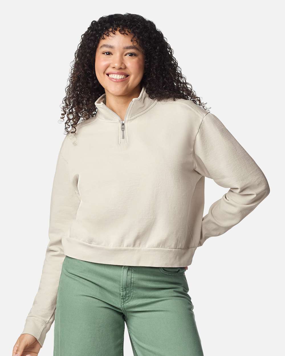 Model wearing an Ivory Comfort Colors 1580L women's quarter-zip sweatshirt