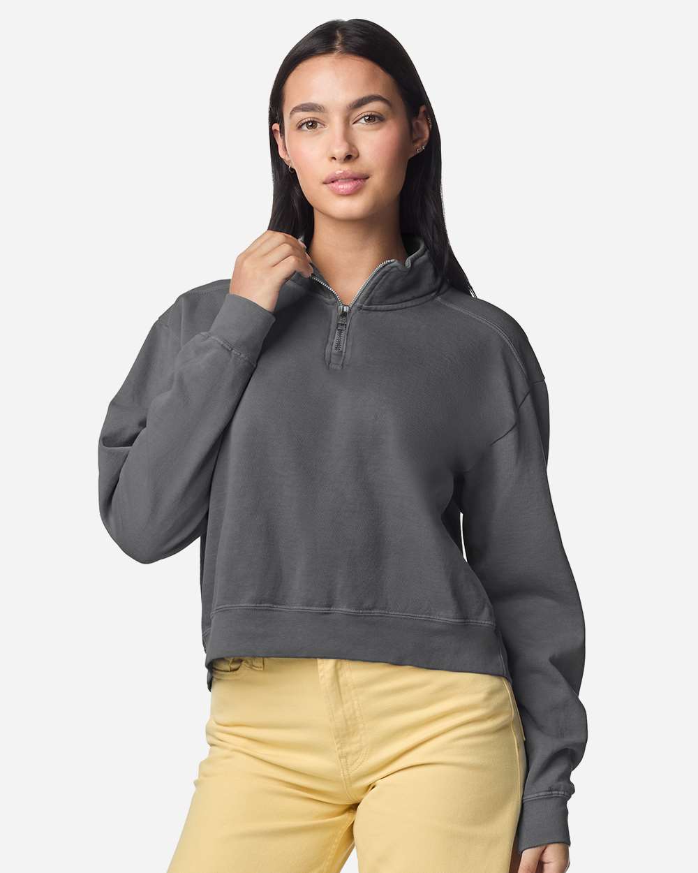 Model wearing a Pepper Comfort Colors 1580L women's quarter-zip sweatshirt