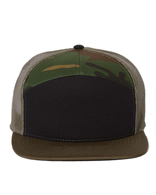 Black camo and loden Richardson 168 seven-panel trucker hat