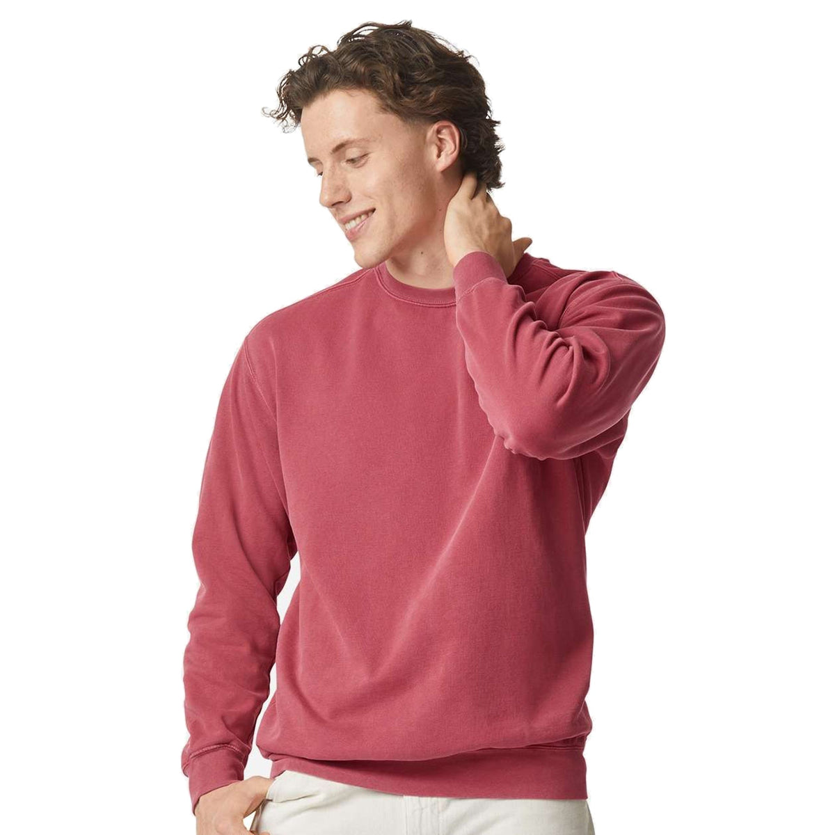 Model wearing Comfort Colors 1566 Crewneck Sweatshirt in Crimson - custom printing Tarpon Springs FL