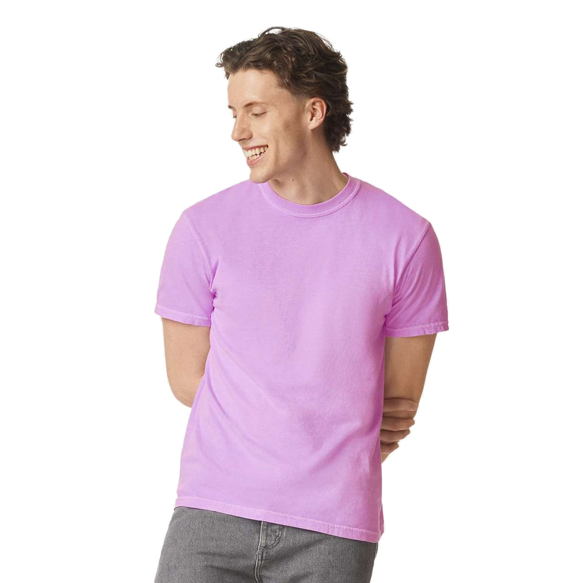 Model wearing Comfort Colors 1717 Heavyweight T-Shirt in Neon Violet - custom printing Tarpon Springs FL