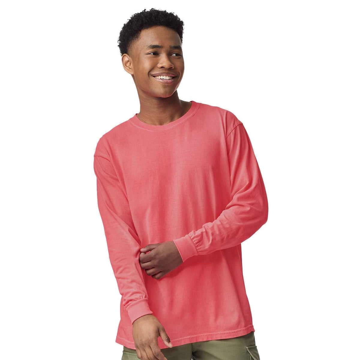 Model wearing Comfort Colors 6014 Heavyweight Long Sleeve T-Shirt in Watermelon - custom printing Tarpon Springs FL
