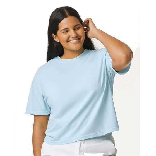 Model wearing Comfort Colors 3023CL Women's Heavyweight Boxy T-Shirt in Chambray - custom printing Tarpon Springs FL