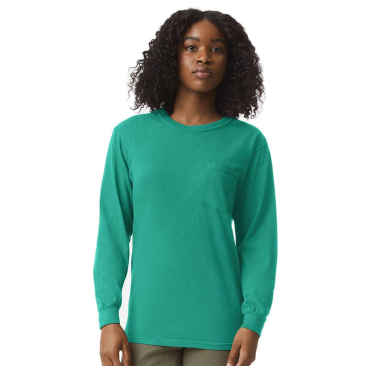 Model wearing Comfort Colors 4410 Heavyweight Long Sleeve Pocket T-Shirt in Island Green - custom printing Tarpon Springs FL