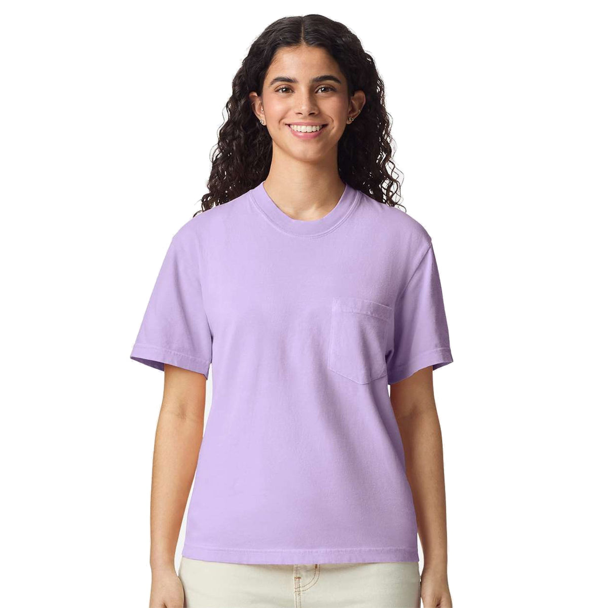 Model wearing Comfort Colors 6030 Heavyweight Pocket T-Shirt in Orchid - custom printing Tarpon Springs FL