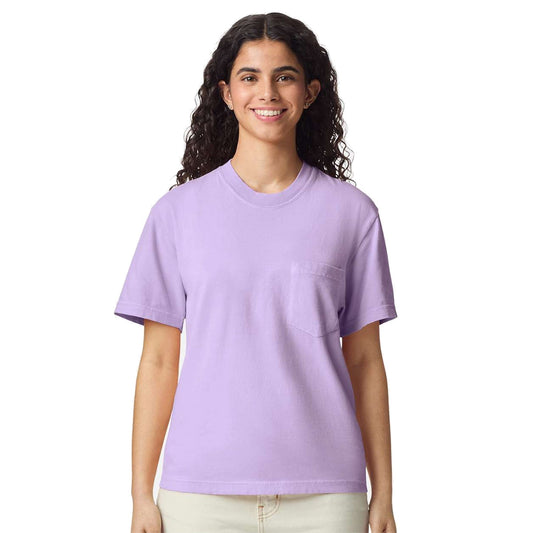 Model wearing Comfort Colors 6030 Heavyweight Pocket T-Shirt in Orchid - custom printing Tarpon Springs FL