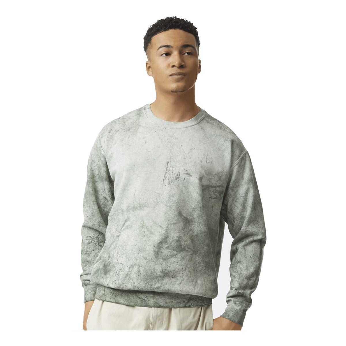 Model wearing Comfort Colors 1545 Colorblast Crewneck Sweatshirt in Fern - custom printing Tarpon Springs FL