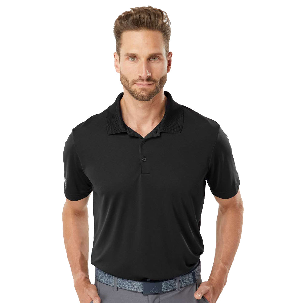 Model wearing a black Adidas A230 performance polo