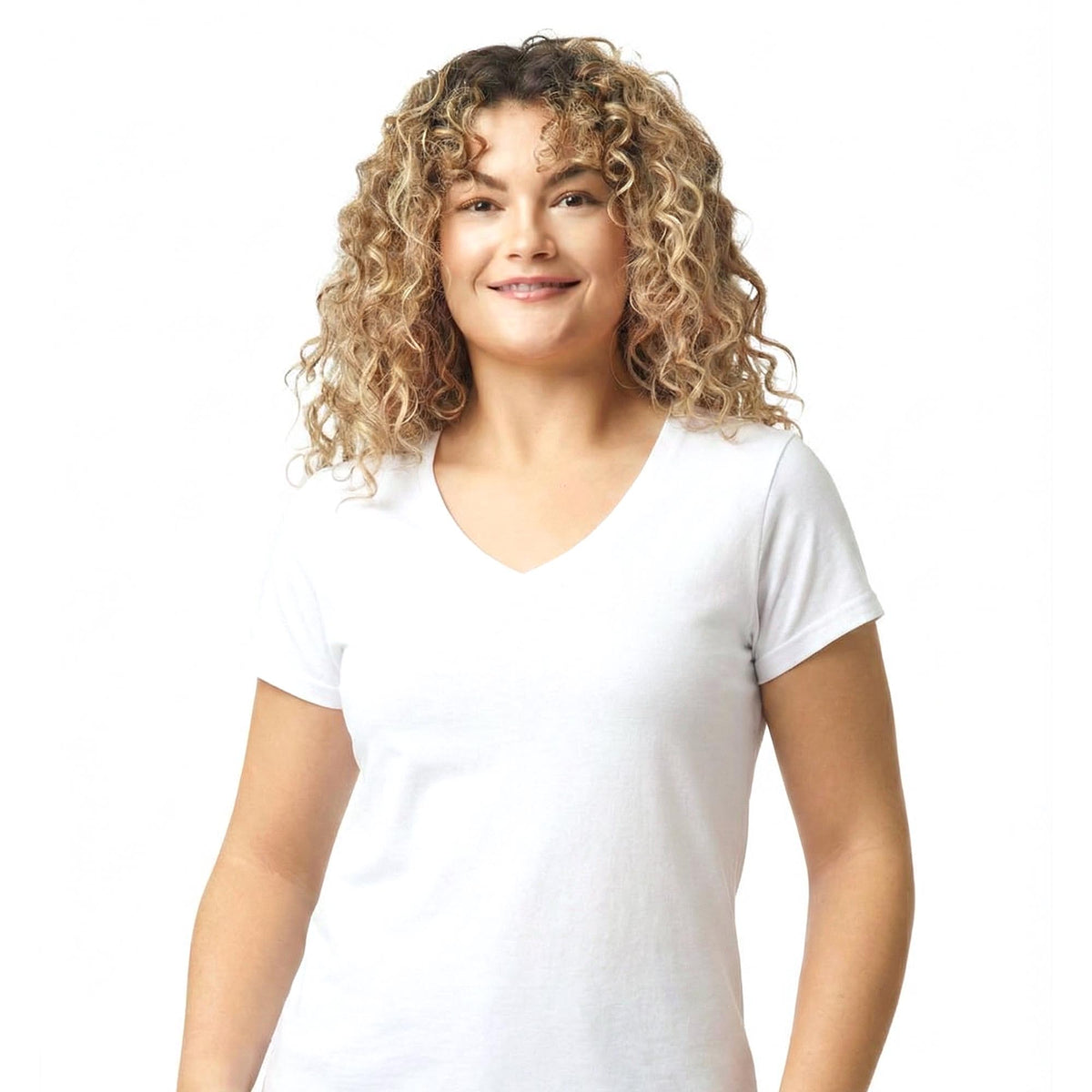 White Gildan Softstyle 64V00L women's V-neck t-shirt