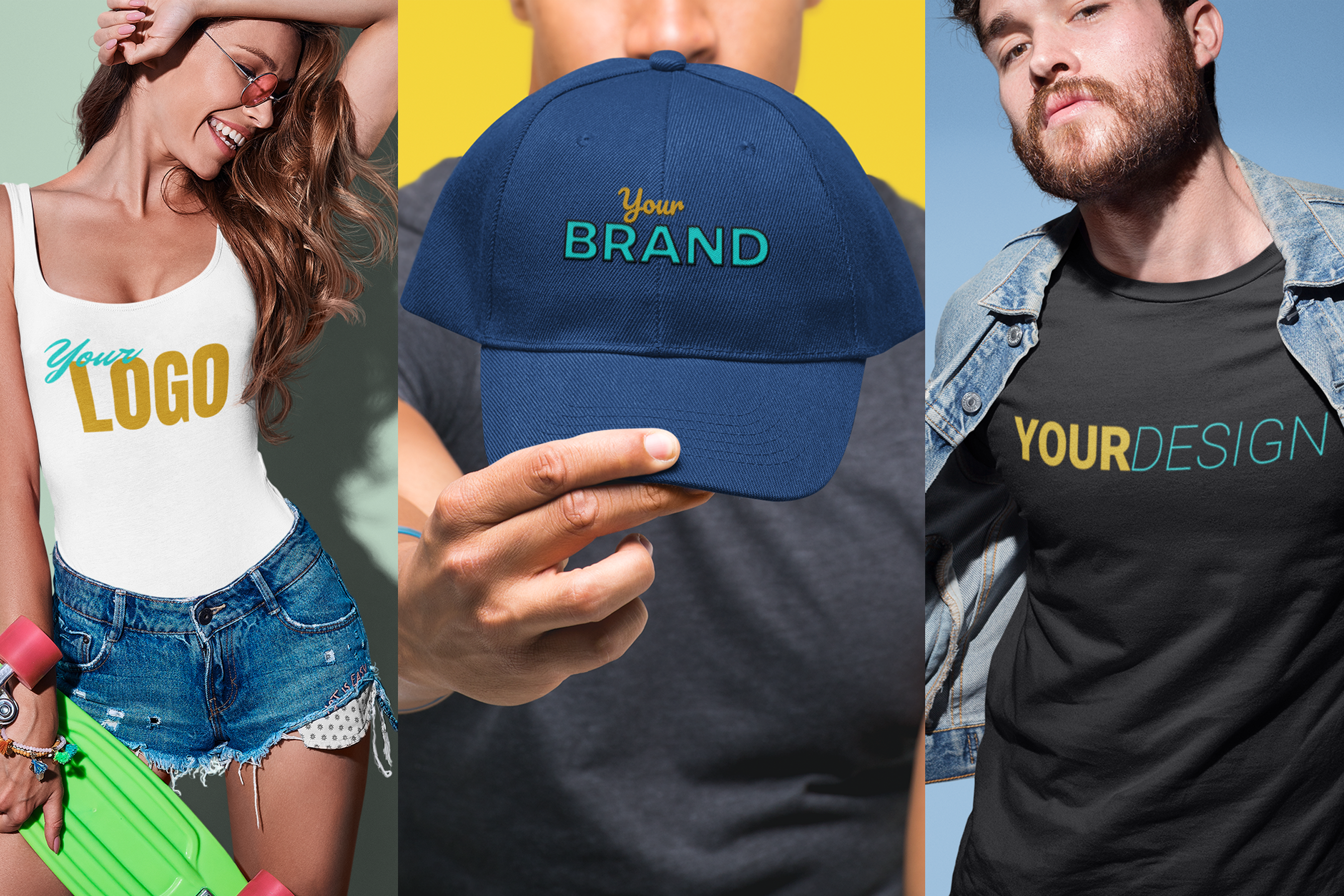Promotional image with customizable clothing items including a woman, a blue cap, and a man wearing a black t-shirt.