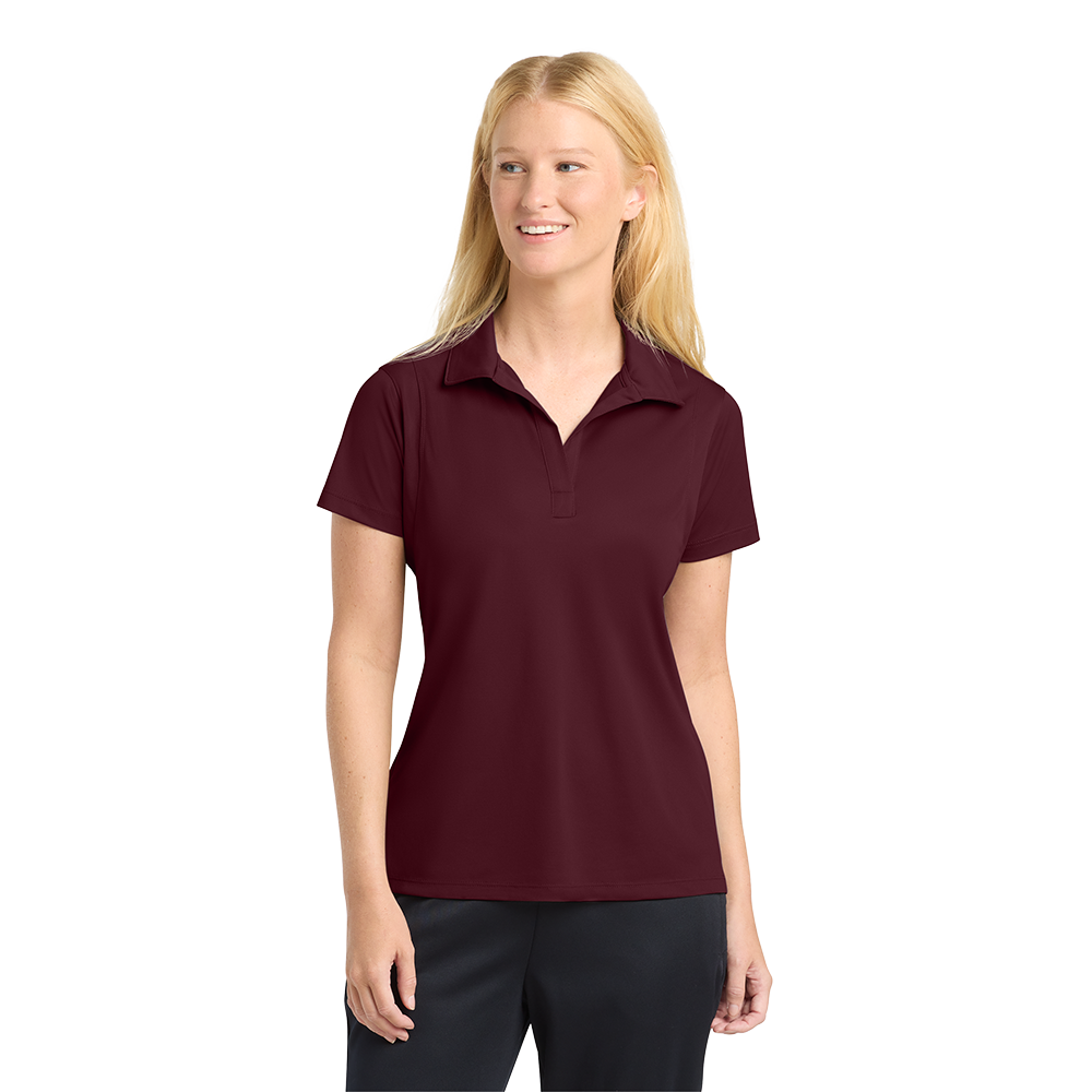 Model wearing a maroon Sport-Tek LST650 women's polo