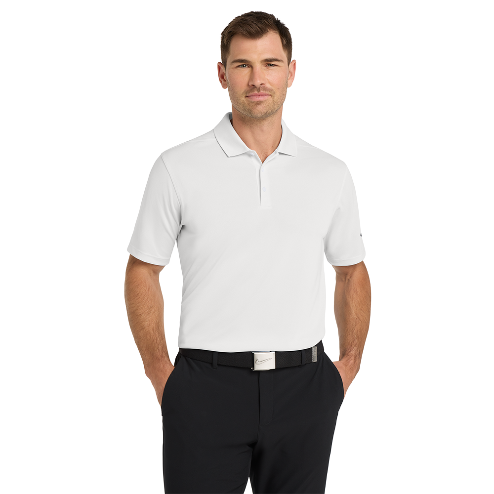 Model wearing a white Nike Dri-FIT Micro Pique 2.0 polo