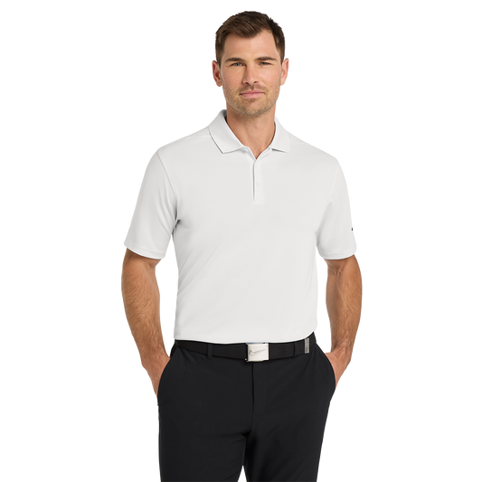 Model wearing a white Nike Dri-FIT Micro Pique 2.0 polo