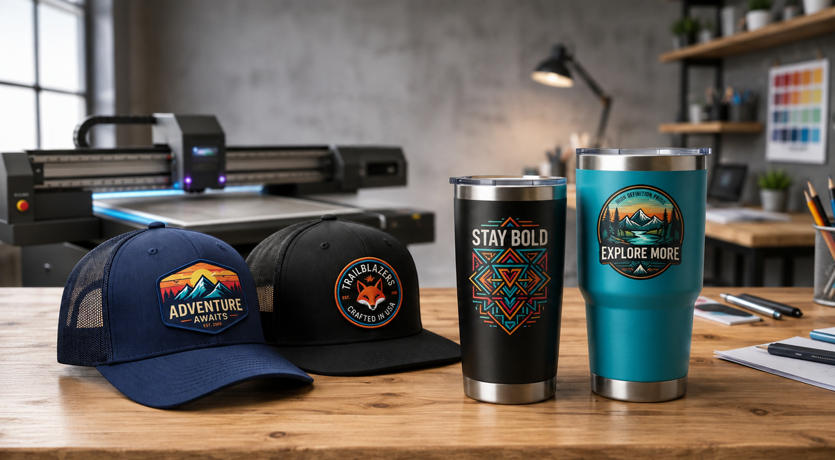 Three custom-printed tumbler cups and two matching trucker caps displayed on a wooden table in a modern workshop setting. The products feature outdoor-themed graphics including mountains, a fox, and text like 'STAY BOLD' and 'EXPLORE MORE'.