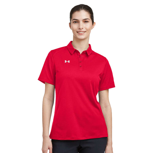 Model wearing a red and white Under Armour women's Tech polo