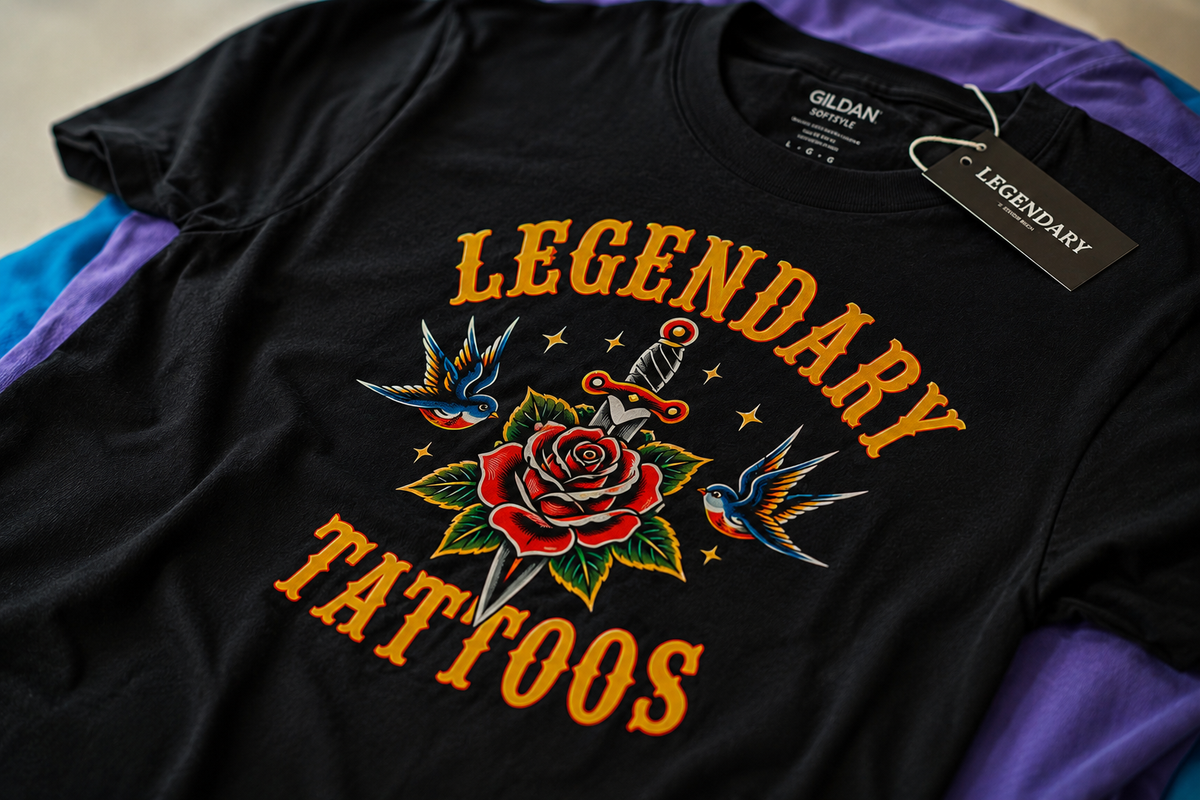 Black t-shirt with 'Legendary Tattoos' design featuring a rose and birds on a colorful background.